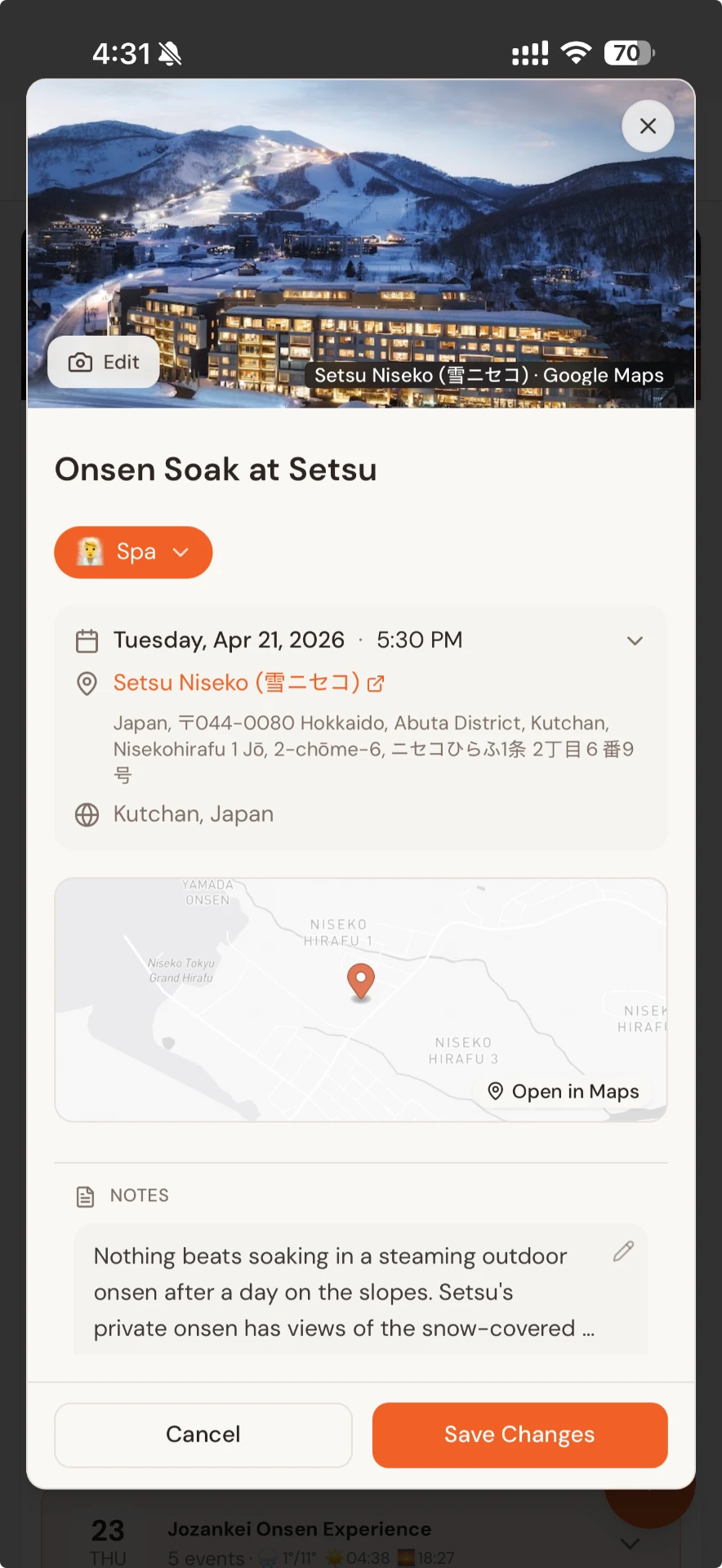 Plany mobile event details screen for an Onsen Soak at Setsu Niseko, showing the venue photo, map pin in Kutchan Japan, date and time, address, and a notes field