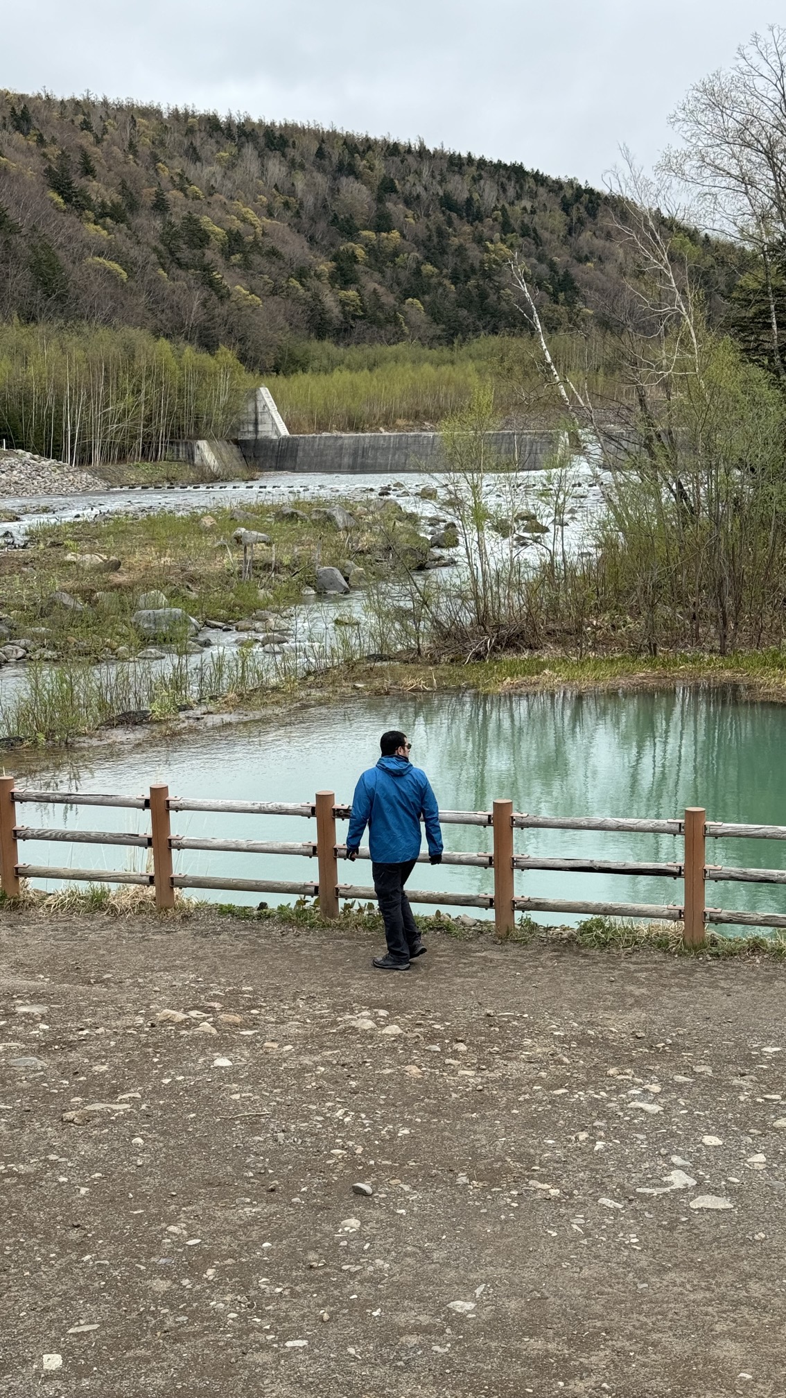 Milky turquoise Blue Pond reflecting forest and mountains, Biei Hokkaido