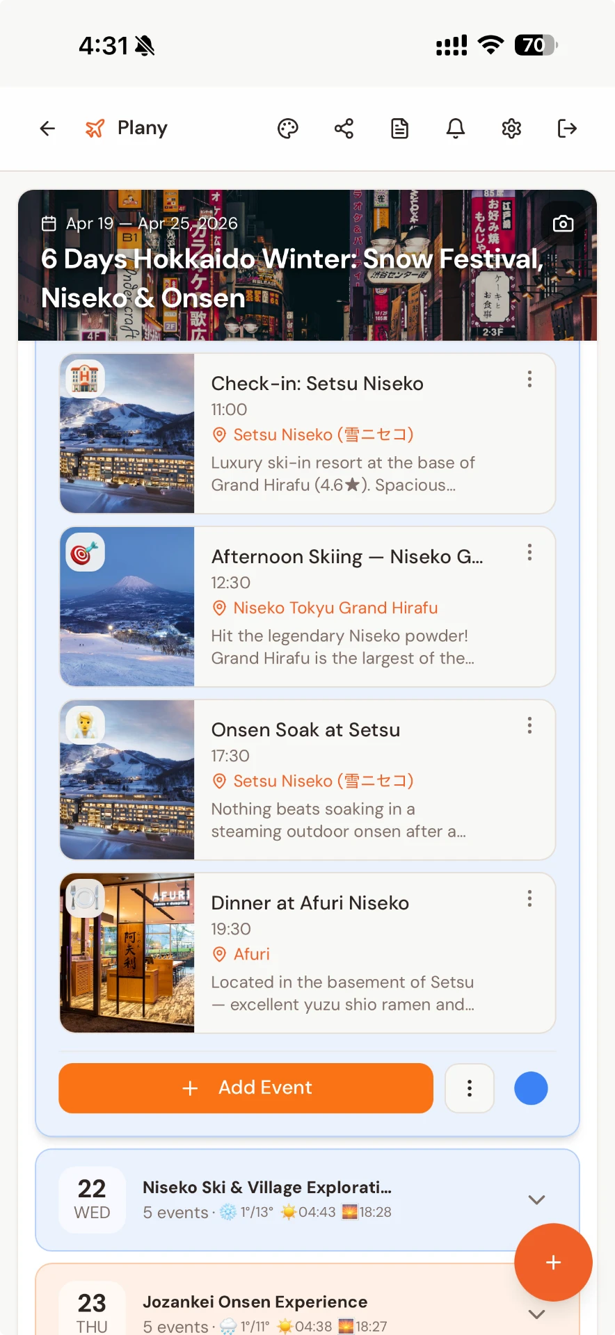 Plany mobile calendar view of a 6-day Hokkaido winter trip, showing timed events for Setsu Niseko check-in, Grand Hirafu skiing, an onsen soak, and dinner at Afuri Niseko