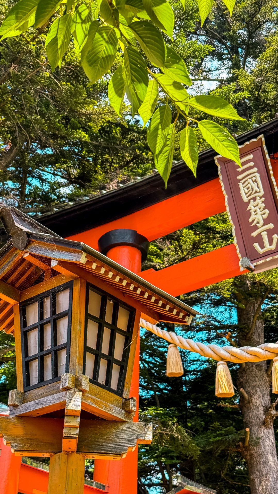 Vibrant red torii and wooden lantern at Arakura Sengen Shrine