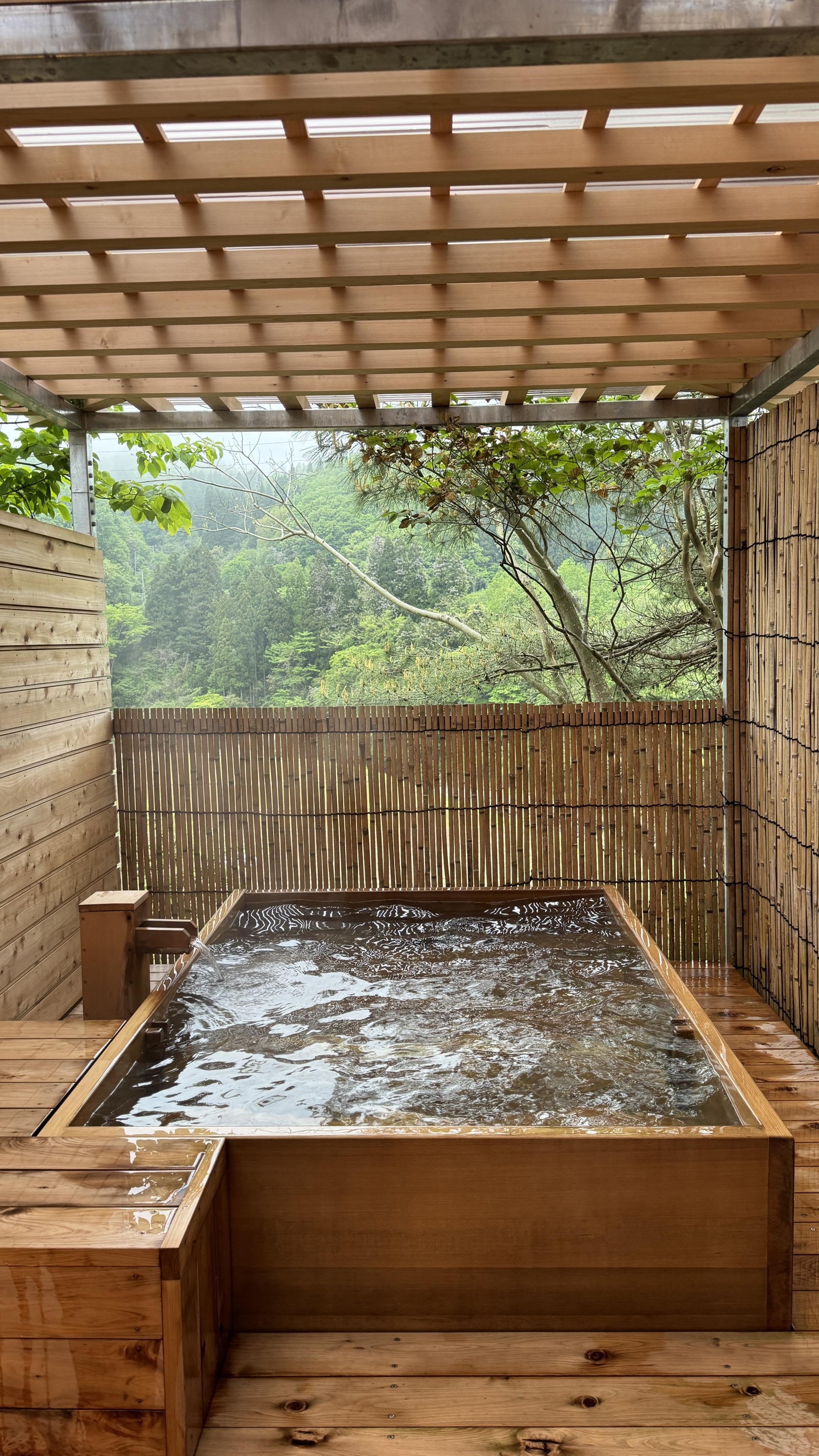 Luxury outdoor hinoki wood onsen bath overlooking forested valley, Kanazawa