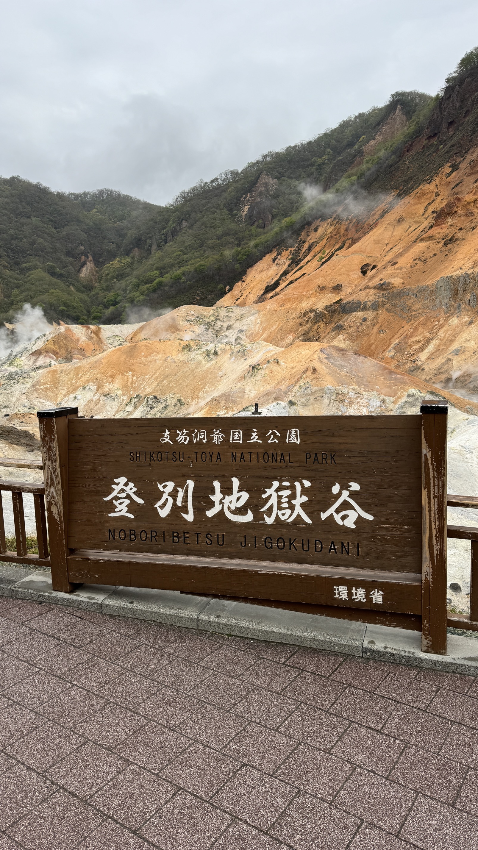 Steaming geothermal Hell Valley (Jigokudani) with rust-colored volcanic earth