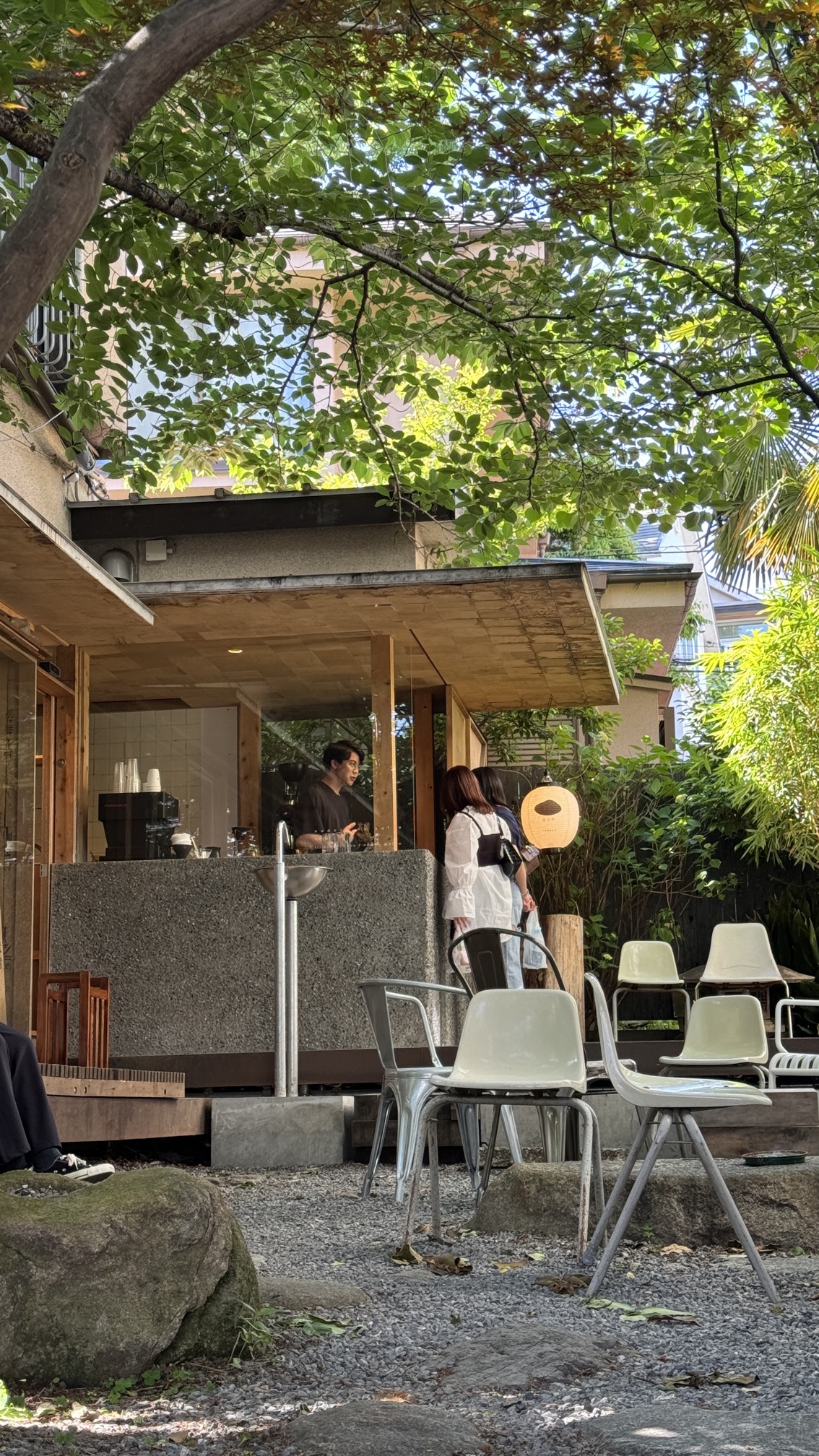 Traditional wooden café storefront in historic Tokyo neighborhood