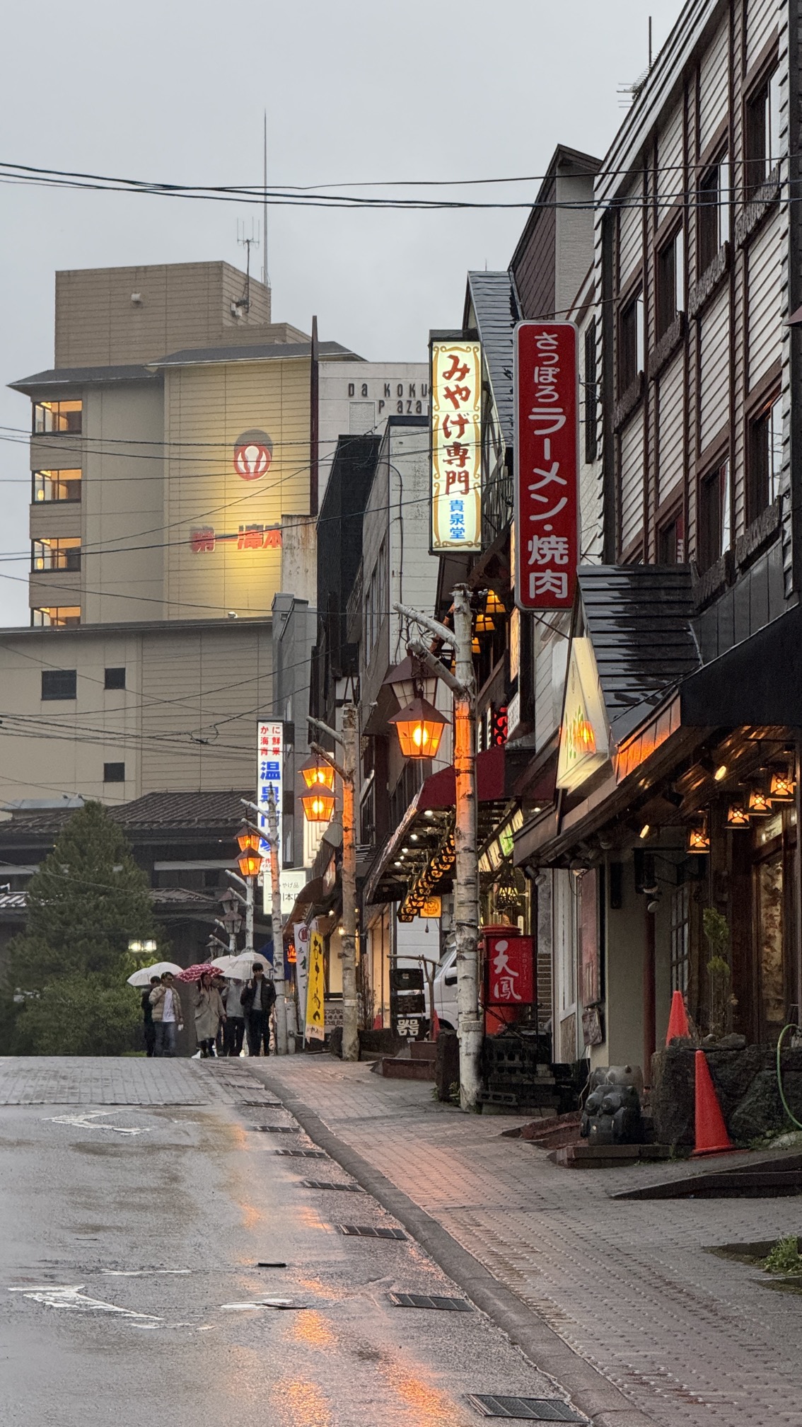 Mountain valley town view with traditional buildings and forest backdrop, Hokkaido