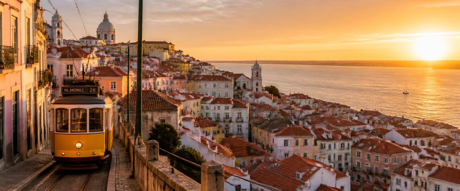 Lisbon rooftops and a yellow tram above the Tagus river at sunset